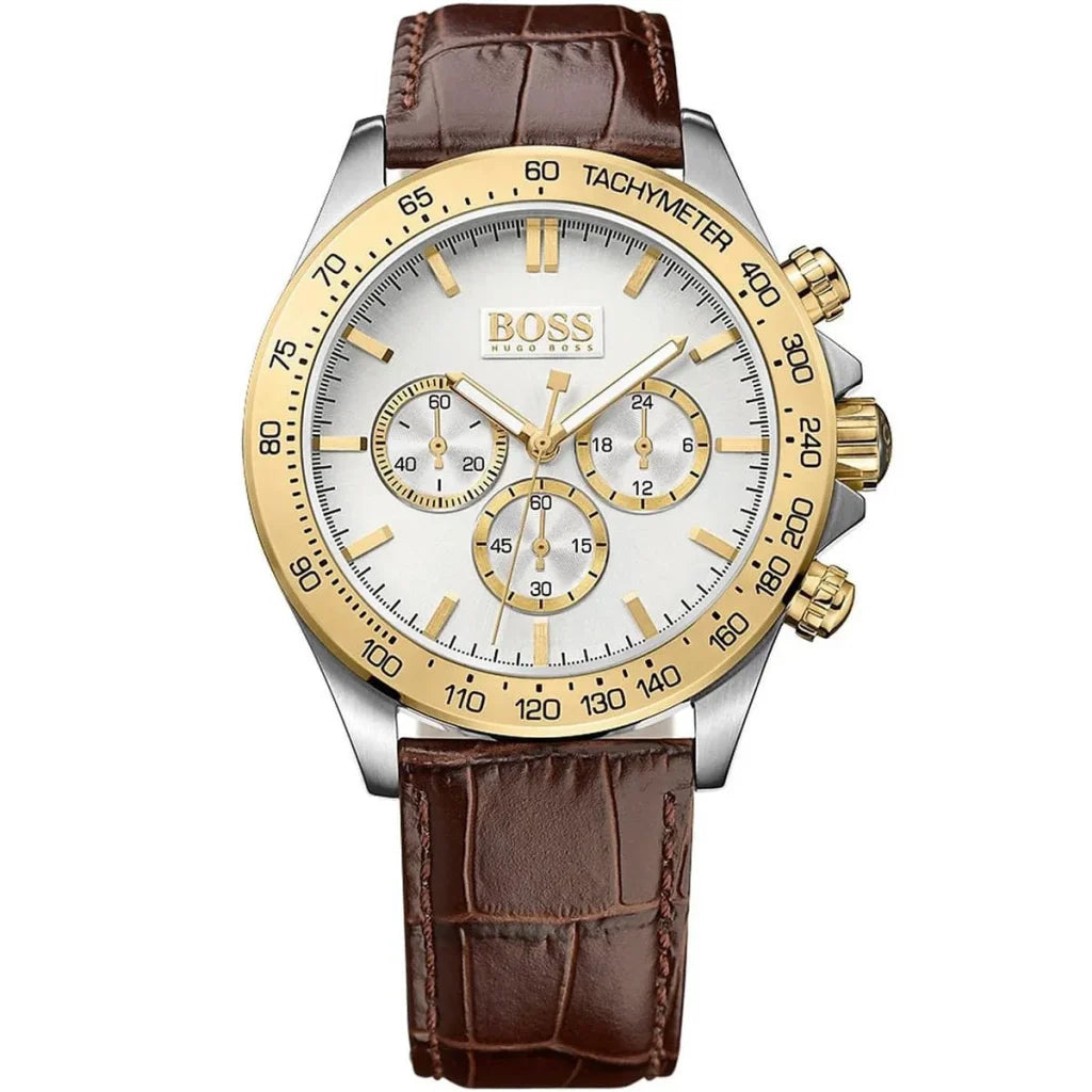 Hugo Boss Ikon 1513174 Men’s Watch – Silver Dial, Brown Leather Strap, Quartz Chronograph, 44mm, 100M Water Resistant