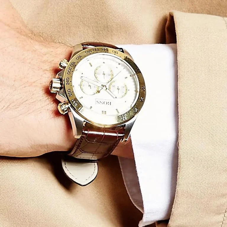 Hugo Boss Ikon 1513174 Men’s Watch – Silver Dial, Brown Leather Strap, Quartz Chronograph, 44mm, 100M Water Resistant