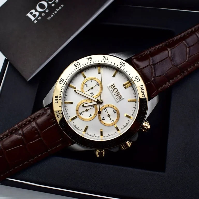Hugo Boss Ikon 1513174 Men’s Watch – Silver Dial, Brown Leather Strap, Quartz Chronograph, 44mm, 100M Water Resistant