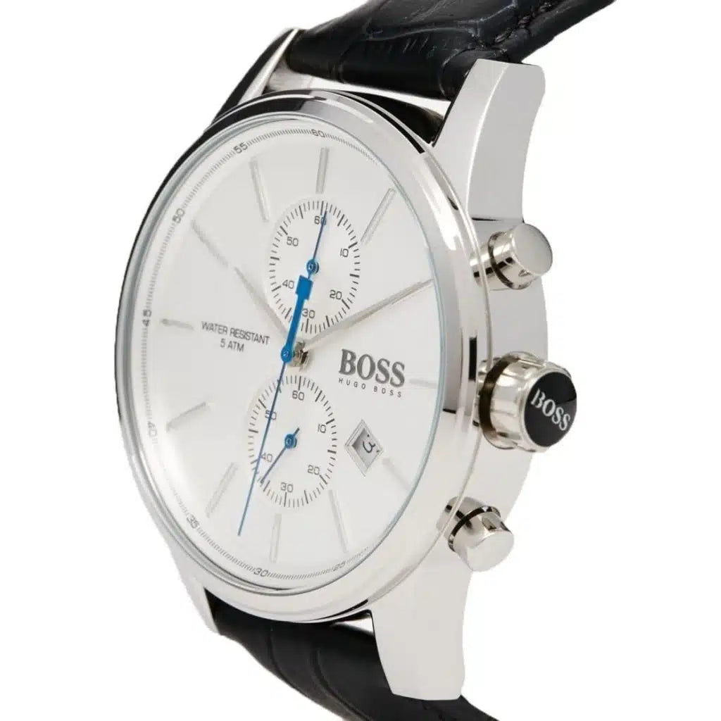 Hugo Boss Men’s Jet 1513282 Silver Dial Chronograph Watch – Black Leather Strap, 42mm