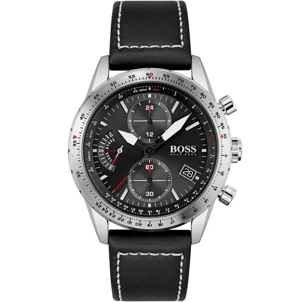Hugo Boss Men’s Pilot Edition Chrono Watch 1513853 – Black Dial with Black Leather Strap