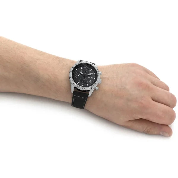 Hugo Boss Men’s Pilot Edition Chrono Watch 1513853 – Black Dial with Black Leather Strap