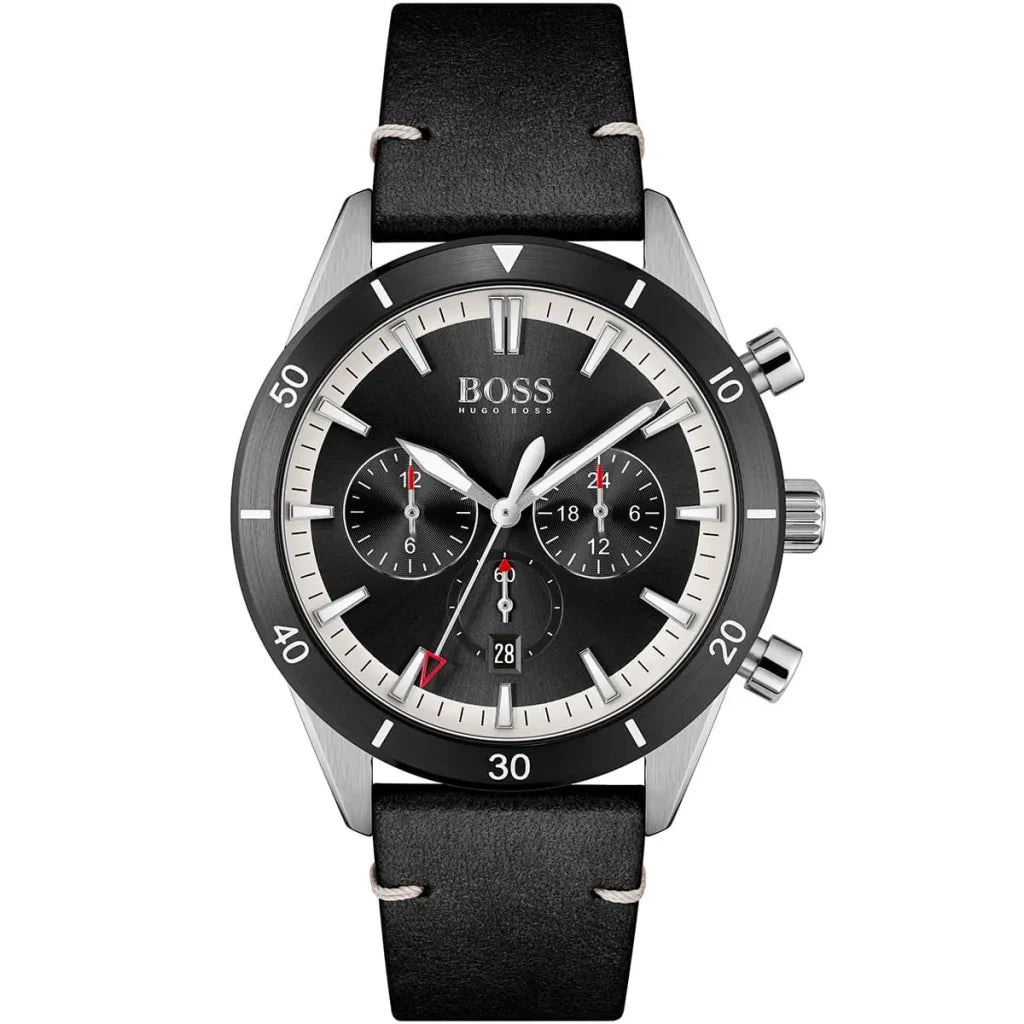 Hugo Boss Men’s Santiago 1513864 Black Dial Chronograph Watch – Leather Strap, 44mm