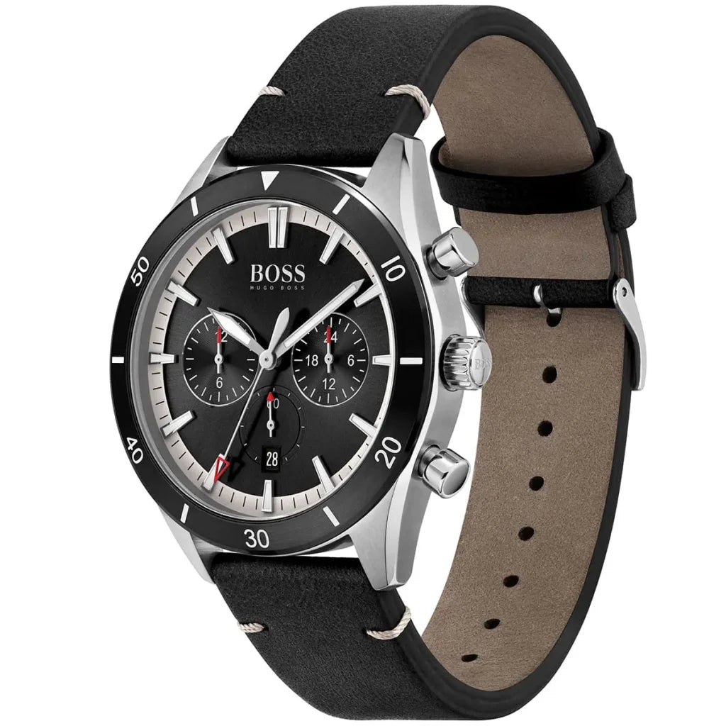 Hugo Boss Men’s Santiago 1513864 Black Dial Chronograph Watch – Leather Strap, 44mm