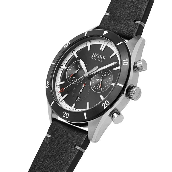 Hugo Boss Men’s Santiago 1513864 Black Dial Chronograph Watch – Leather Strap, 44mm