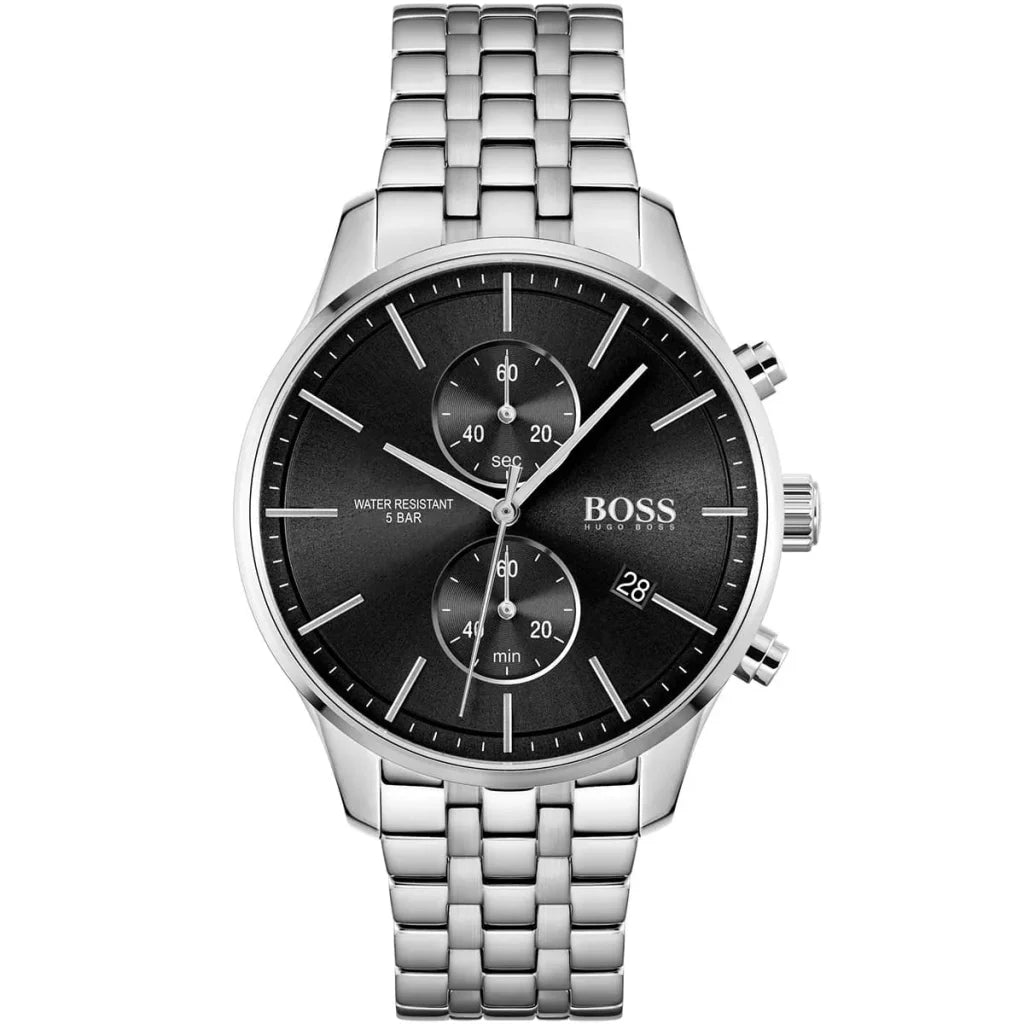 Hugo Boss Men’s Associate 1513869 Black Dial Chronograph Watch – Silver Stainless Steel Strap, 42mm