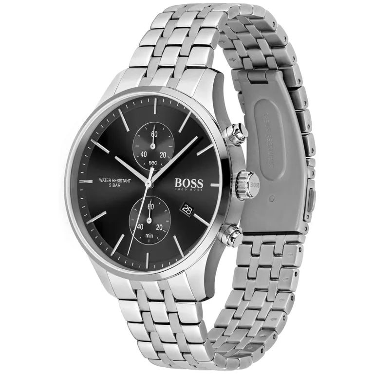 Hugo Boss Men’s Associate 1513869 Black Dial Chronograph Watch – Silver Stainless Steel Strap, 42mm