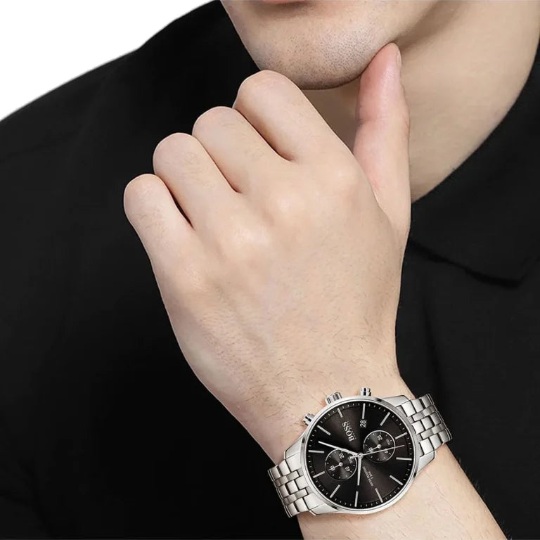 Hugo Boss Men’s Associate 1513869 Black Dial Chronograph Watch – Silver Stainless Steel Strap, 42mm