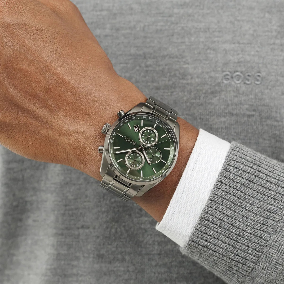 Hugo Boss Men's Watch 1514228 – Green Dial with Gray Stainless Steel Bracelet