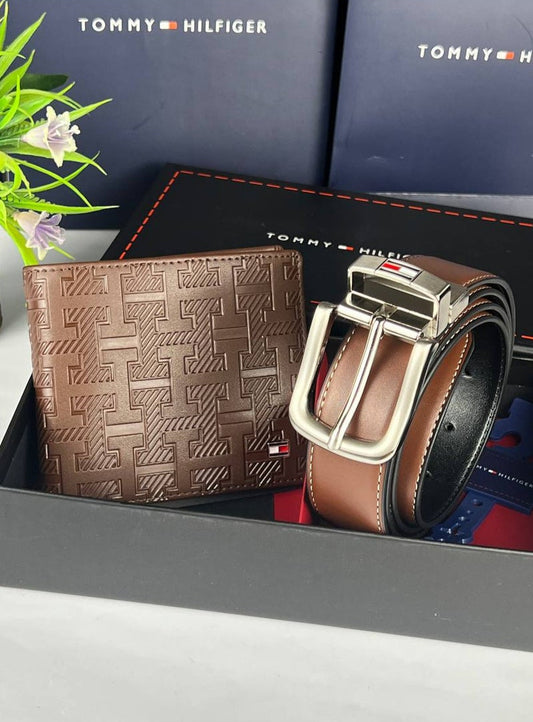 TH Brown Leather Wallet-Belt Set For Men 4#