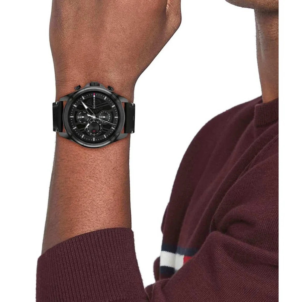 Tommy Hilfiger 1710654 Jax Black Leather Strap Multi-function Men's Watch