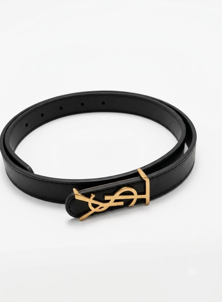 Yves Saint Laurent (YSL) Women's Belt – Black Leather with Gold YSL Monogram Buckle#02