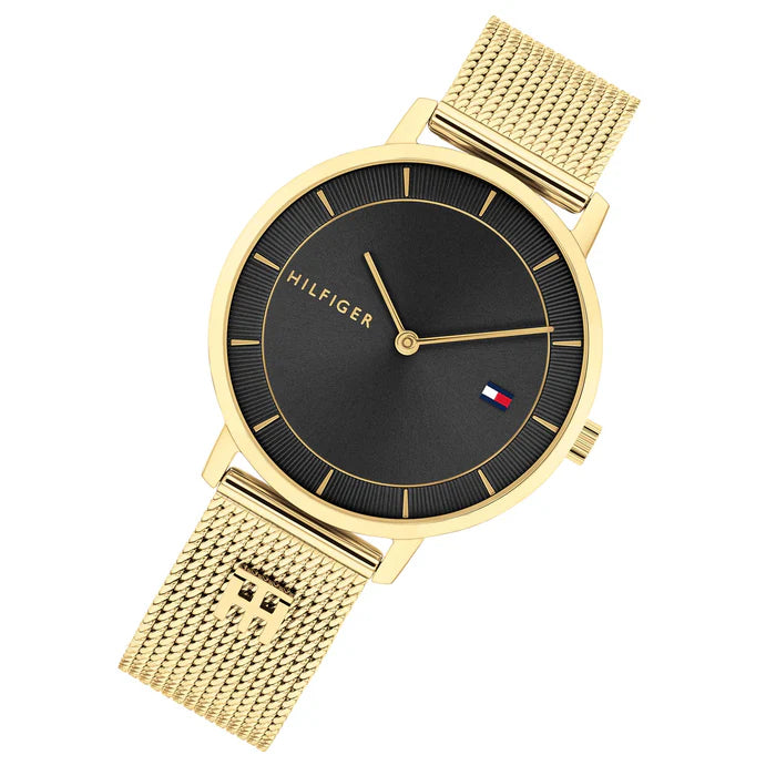 Tommy Hilfiger Women’s Gold Mesh Watch – Black Dial Elegant Slim Design | Model 1782739