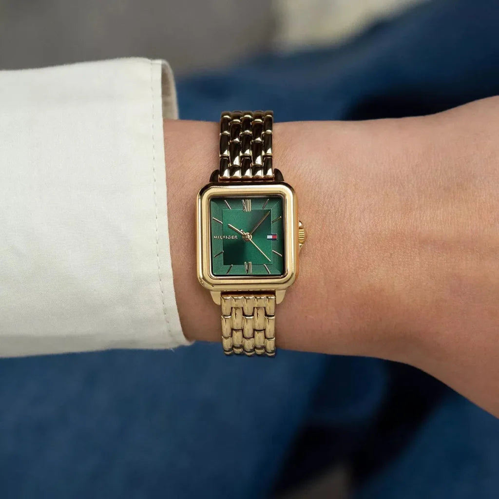 Tommy Hilfiger 1782858 Women’s Watch – Mia Gold Stainless Steel Square Design with Green Dial 24mm