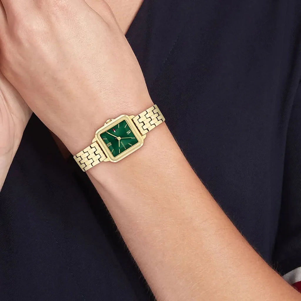 Tommy Hilfiger 1782858 Women’s Watch – Mia Gold Stainless Steel Square Design with Green Dial 24mm