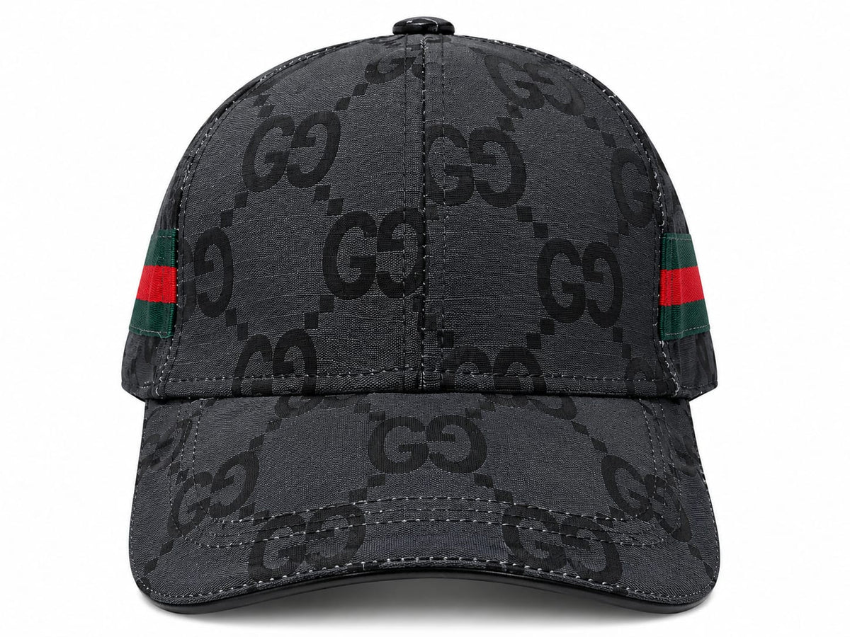 Men's Charcoal Black Monogram Baseball Cap with Green and Red Side Stripe#13