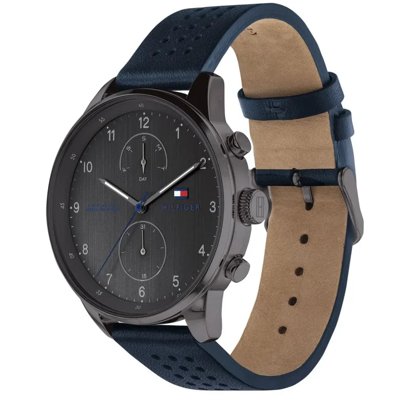 Tommy Hilfiger Chase Men’s Watch 1791578 – Gray Dial, Blue Genuine Leather Strap, Multifunction Quartz, 44mm