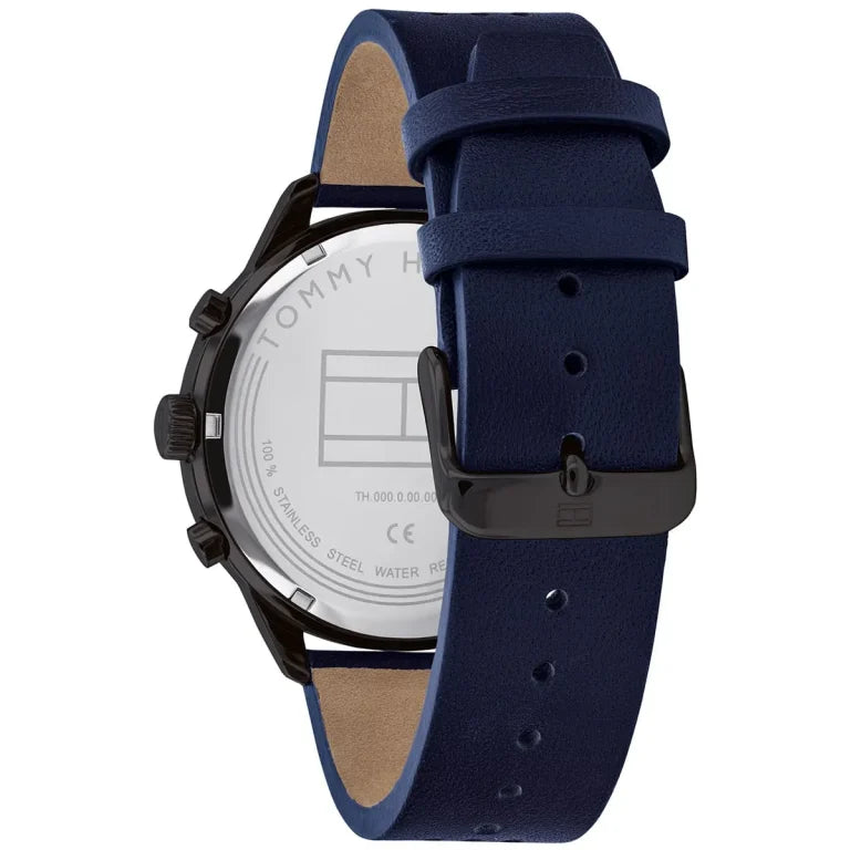 Tommy Hilfiger Chase Men’s Watch 1791578 – Gray Dial, Blue Genuine Leather Strap, Multifunction Quartz, 44mm