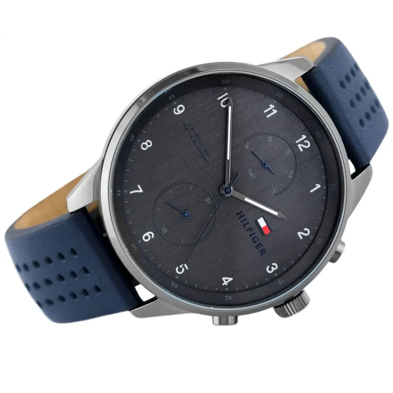 Tommy Hilfiger Chase Men’s Watch 1791578 – Gray Dial, Blue Genuine Leather Strap, Multifunction Quartz, 44mm