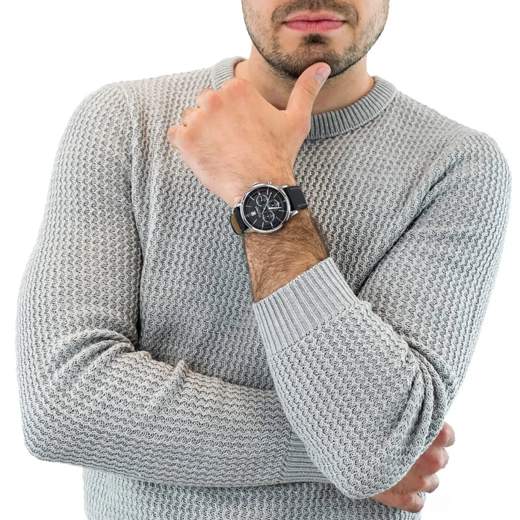 Tommy Hilfiger Kyle Men's Analog Quartz Watch 1791630 – Black Dial & Genuine Leather Strap