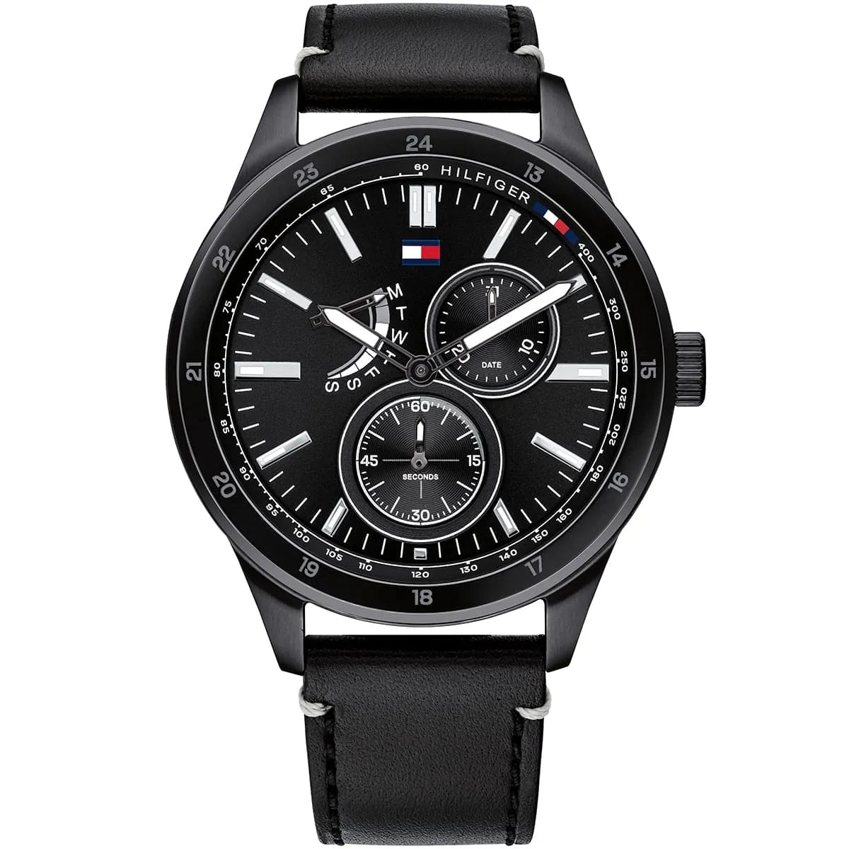 Tommy Hilfiger 1791638 Men's Watch – Black Dial, Genuine Leather Strap, 44mm Quartz Analog Watch for Men