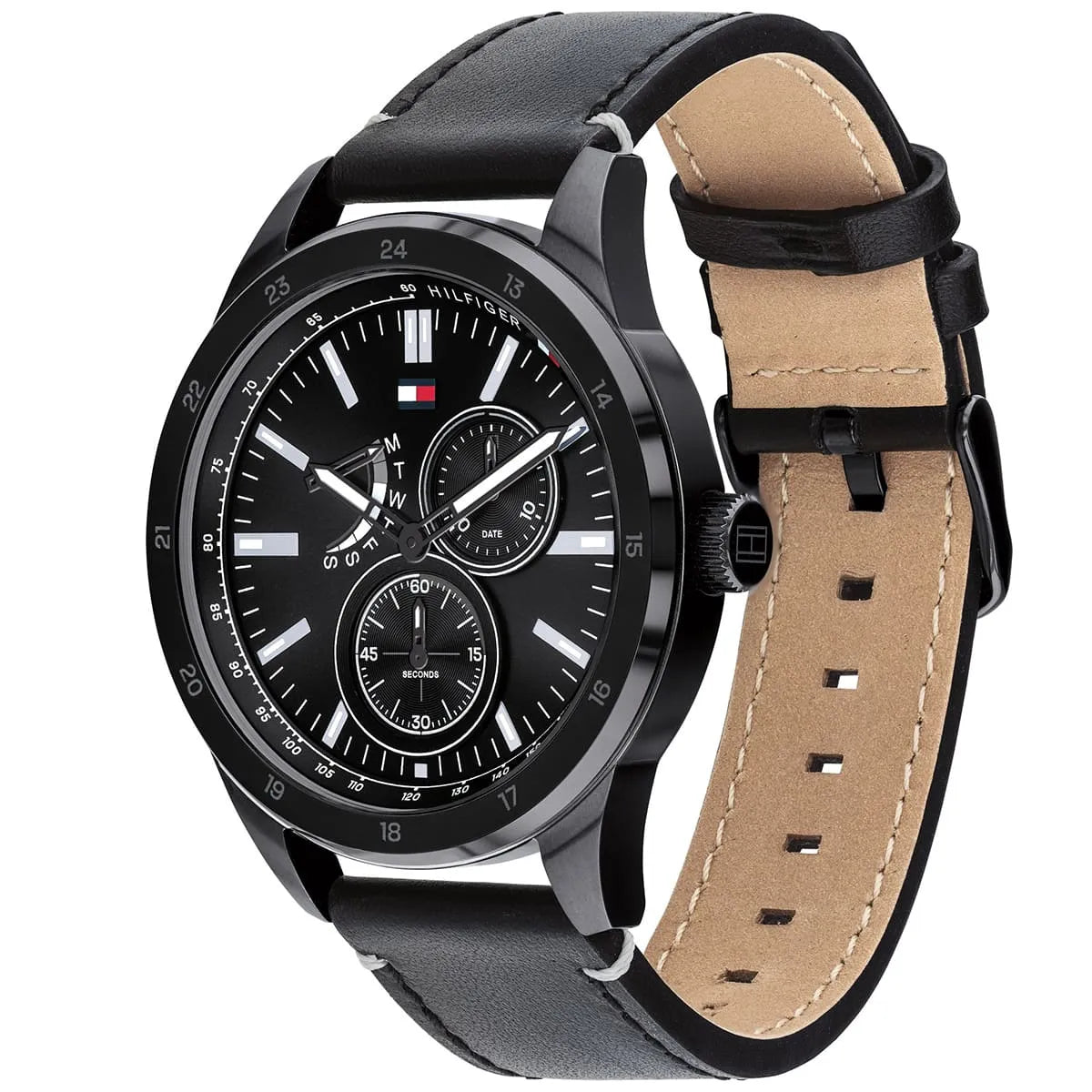 Tommy Hilfiger 1791638 Men's Watch – Black Dial, Genuine Leather Strap, 44mm Quartz Analog Watch for Men
