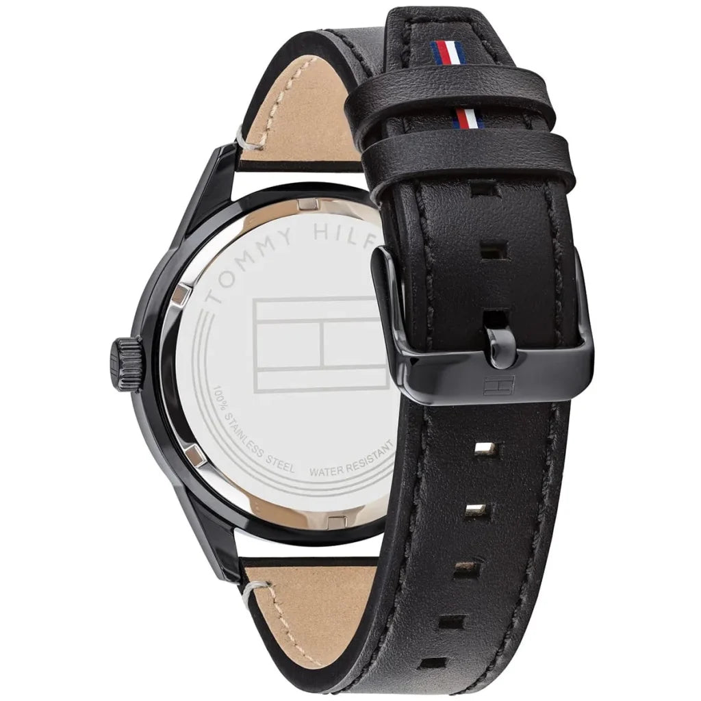 Tommy Hilfiger 1791638 Men's Watch – Black Dial, Genuine Leather Strap, 44mm Quartz Analog Watch for Men