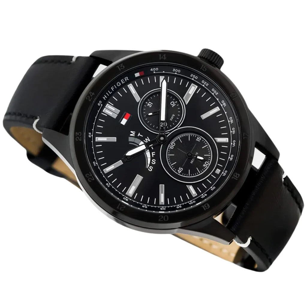 Tommy Hilfiger 1791638 Men's Watch – Black Dial, Genuine Leather Strap, 44mm Quartz Analog Watch for Men