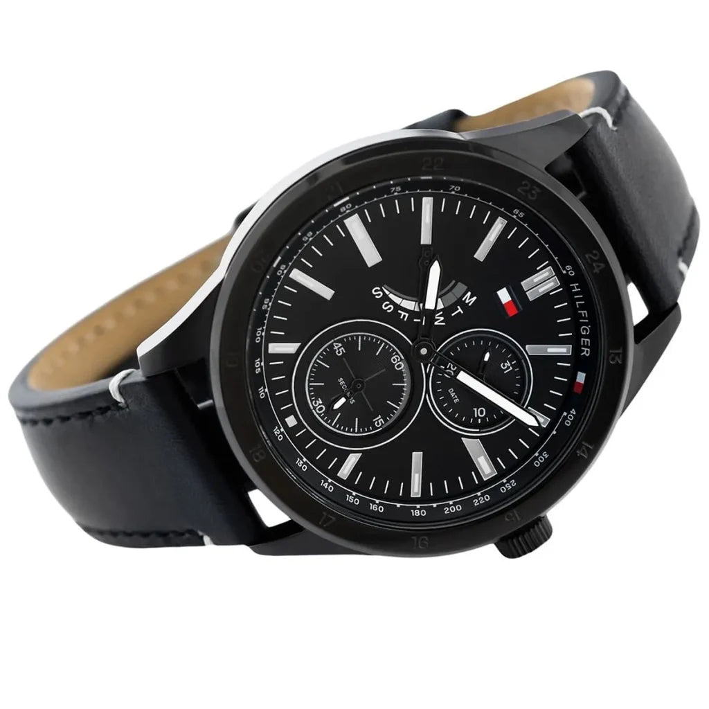 Tommy Hilfiger 1791638 Men's Watch – Black Dial, Genuine Leather Strap, 44mm Quartz Analog Watch for Men