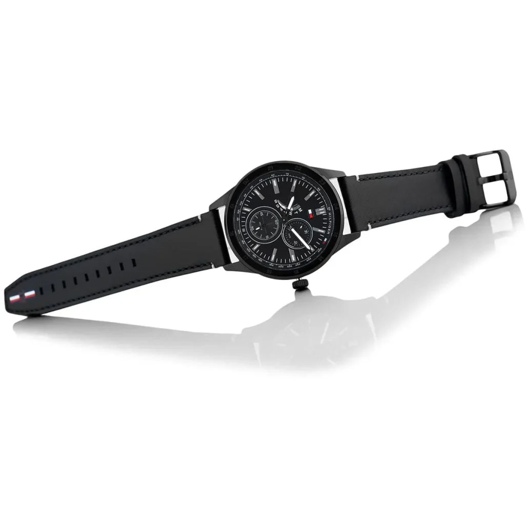Tommy Hilfiger 1791638 Men's Watch – Black Dial, Genuine Leather Strap, 44mm Quartz Analog Watch for Men