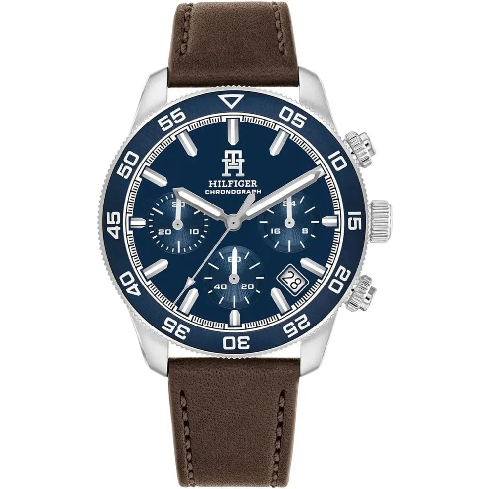 Tommy Hilfiger Men’s Watch 1792163 – Blue Dial, Brown Genuine Leather Strap, 41mm Round Case, Quartz Analog Date Watch