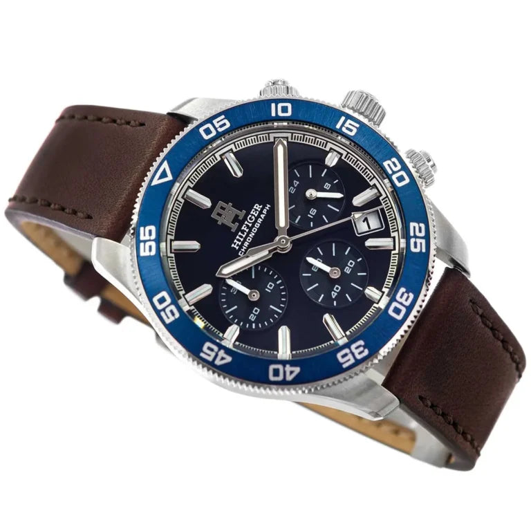 Tommy Hilfiger Men’s Watch 1792163 – Blue Dial, Brown Genuine Leather Strap, 41mm Round Case, Quartz Analog Date Watch