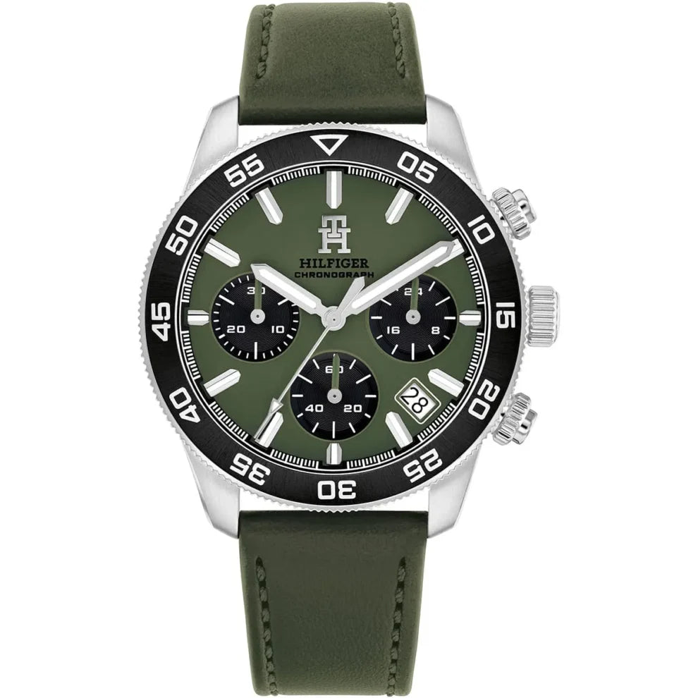 Tommy Hilfiger TH85 1792188 Men’s Green Leather Watch – 41mm Quartz Analog Timepiece with Date Function