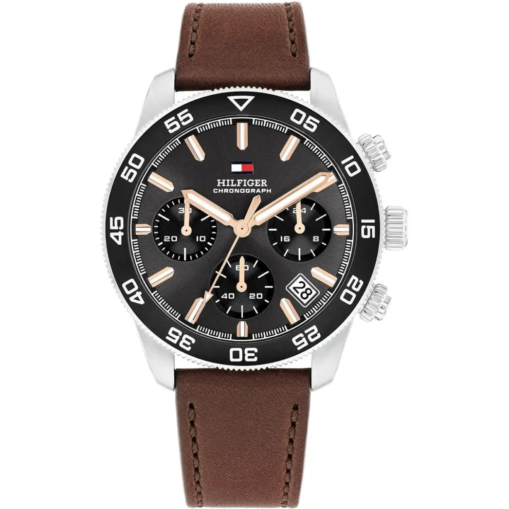 Tommy Hilfiger TH85 1792213 Men’s Brown Leather Watch – 41mm Black Dial Quartz Analog with Date