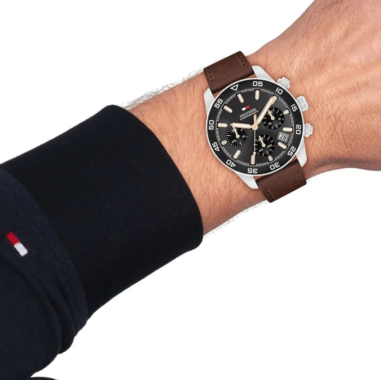 Tommy Hilfiger TH85 1792213 Men’s Brown Leather Watch – 41mm Black Dial Quartz Analog with Date