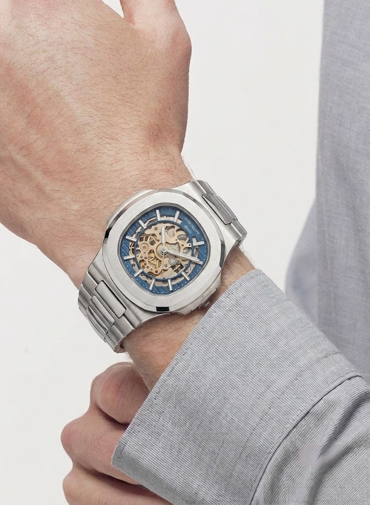 Nautilus-Inspired Luxury Skeleton Automatic Watch – Blue Dial, Integrated Stainless Steel Bracelet
