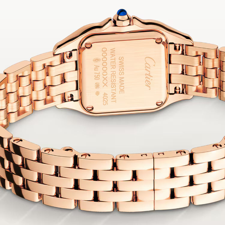 Cartier Panthère-Inspired Women’s Rose Gold-Tone Square Watch with White Dial (Small Case) Dimensions: 25.1 × 18.5 mm