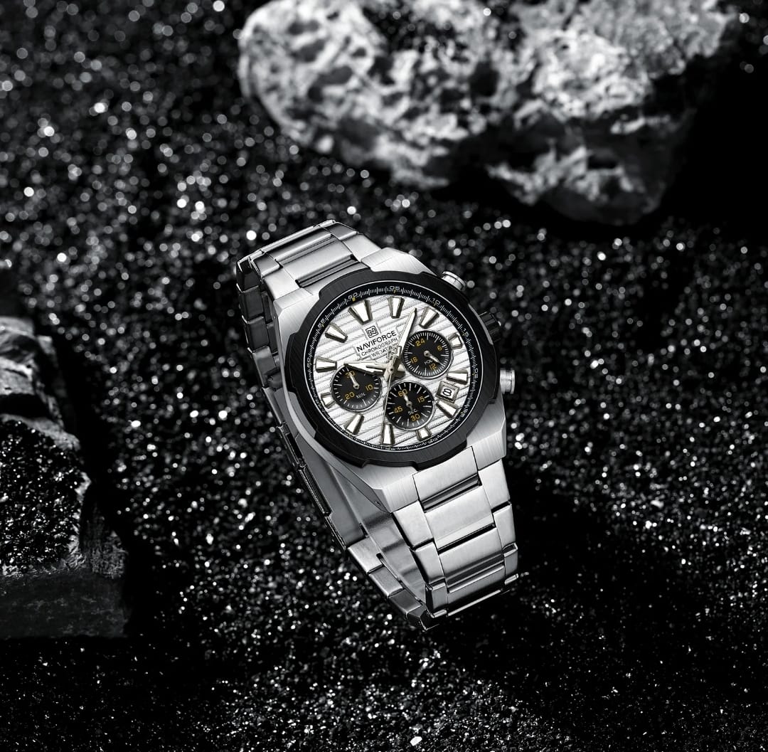 NAVIFORCE NF8081 S/W/S Men's Chronograph Watch, Silver Stainless Steel, White Dial