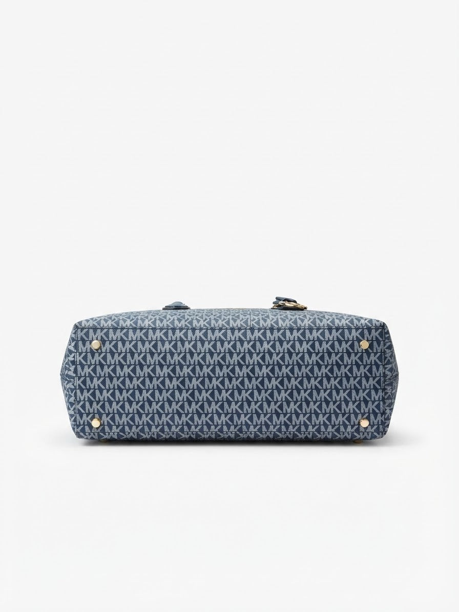 Michael Kors Monogram Tote Bag with Chain Straps and Gold Accents, Blue#0056