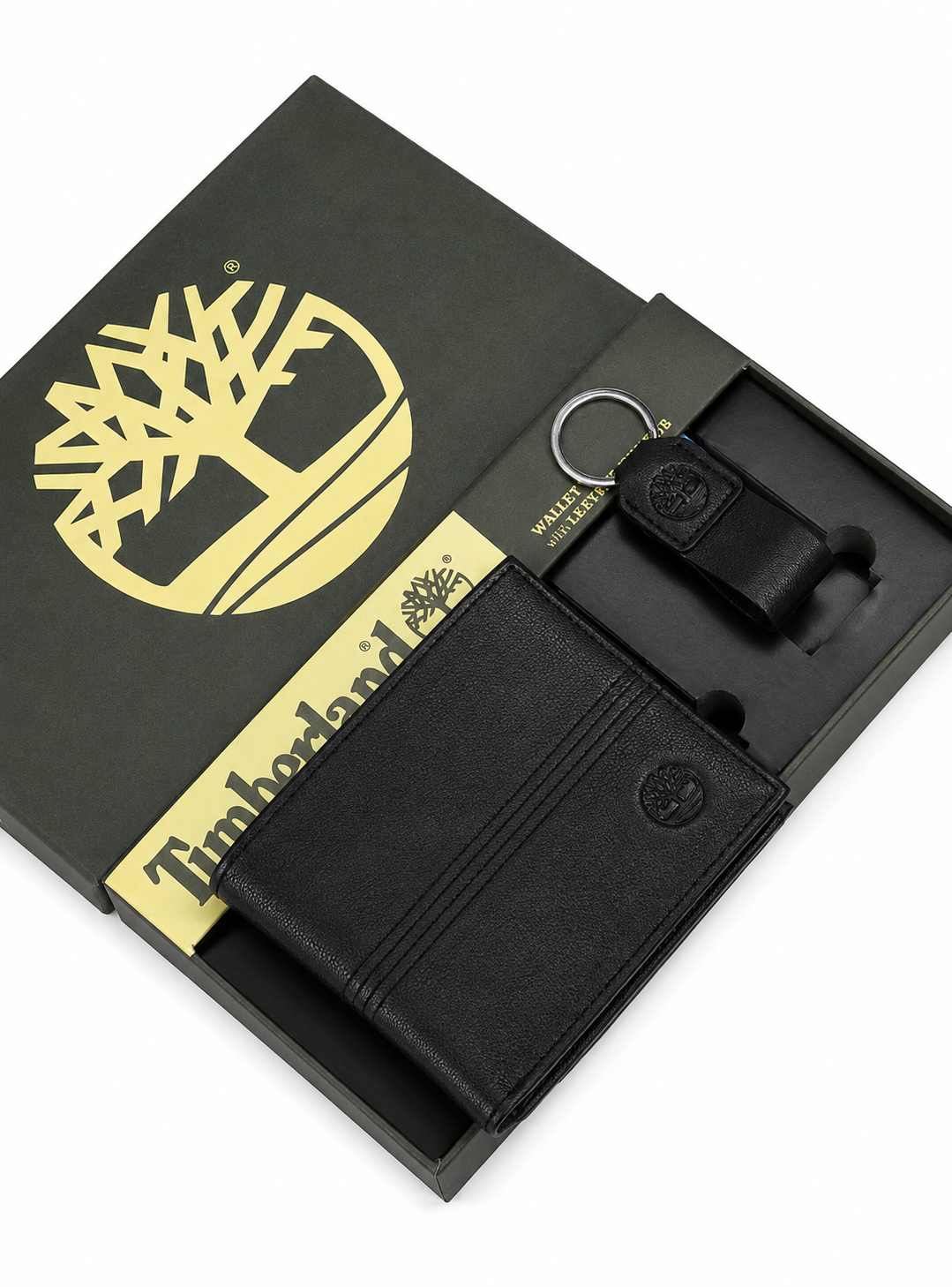 Timberland Men's Genuine Leather Wallet & Keychain Gift Set – Black#03