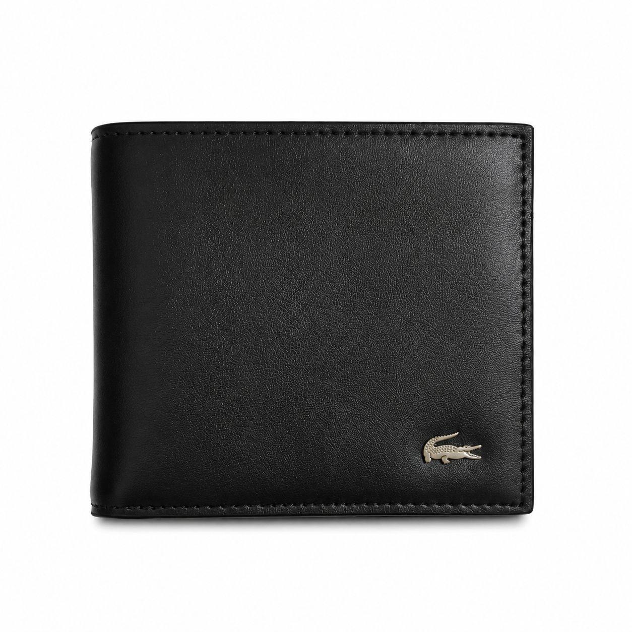 LACOSTE Men's Premium Smooth Leather Gift Set – Black Wallet, Card Holder & Keychain with Silver Crocodile Logo#02