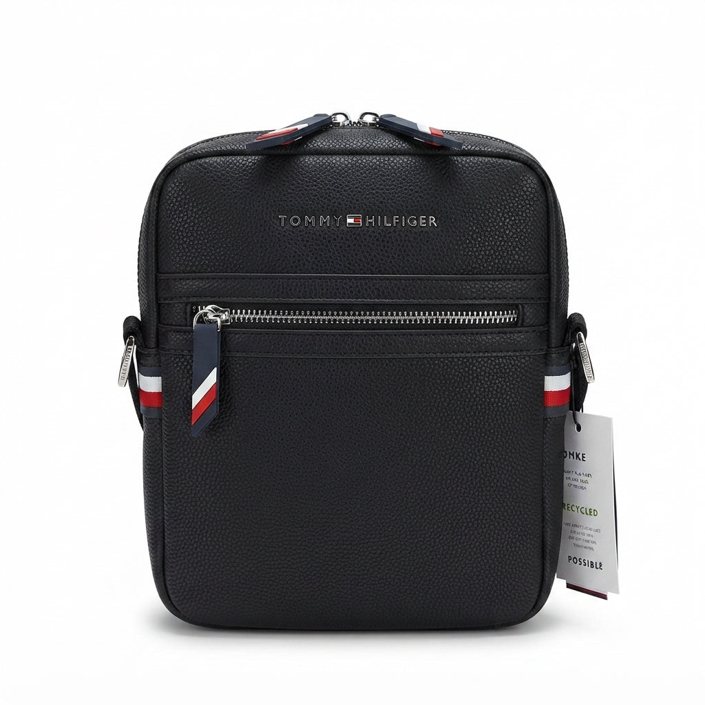 Tommy Hilfiger Men's Faux Leather Crossbody Bag with Monochromatic Monogram Details - Black #0069