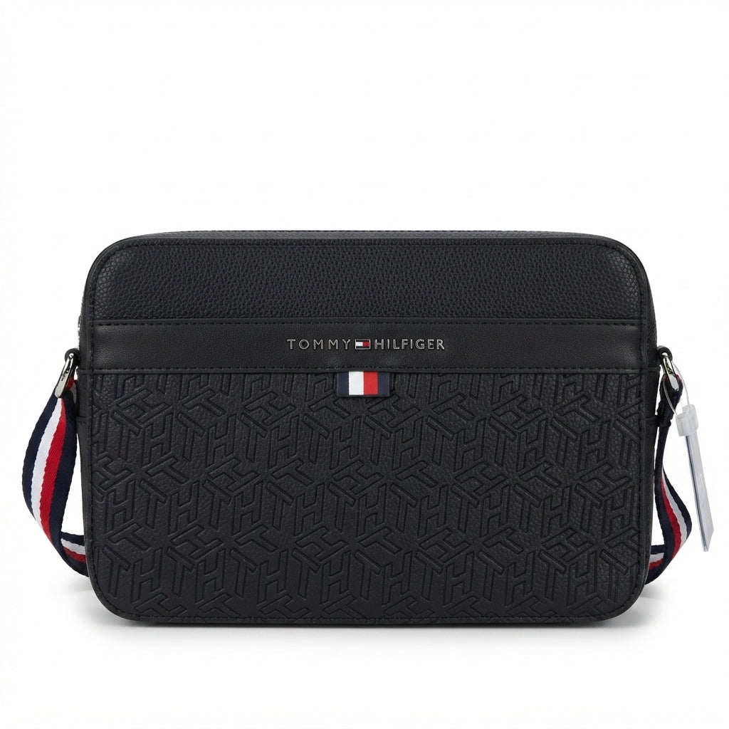 Tommy Hilfiger Monogram Crossbody Bag with Striped Strap - Black #0066
