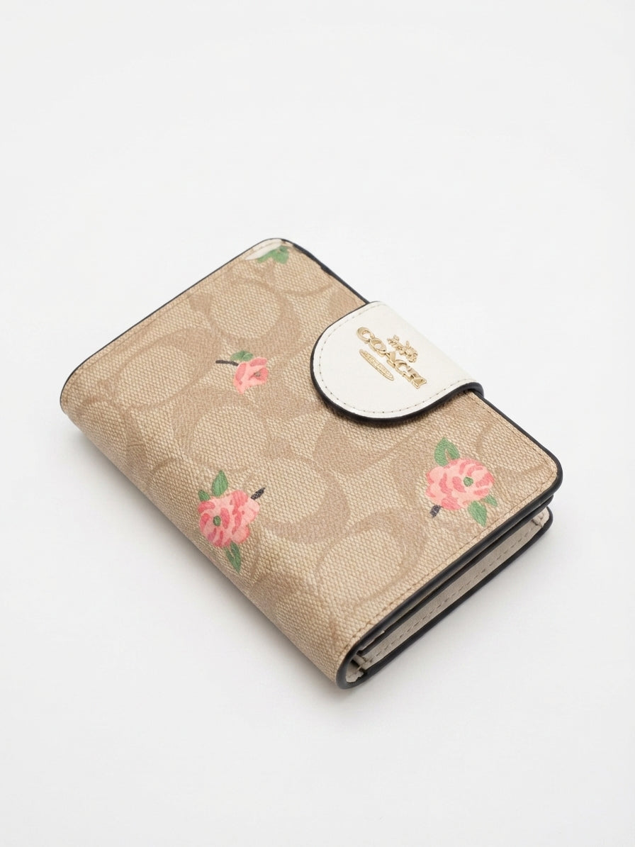 Coach Signature Medium Corner Zip Wallet - Beige/White