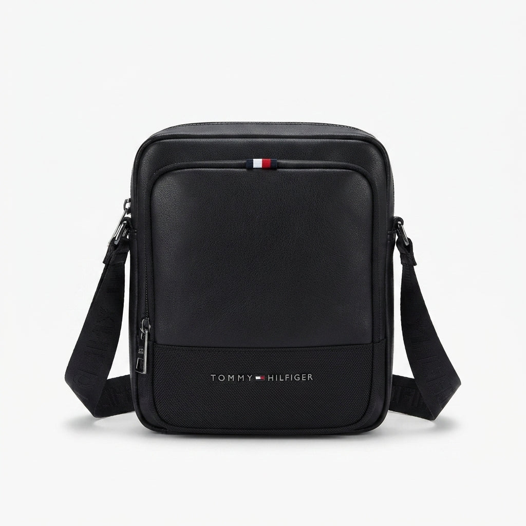Tommy Hilfiger Men's Black Crossover Messenger Bag with Branded Webbing Strap #0063