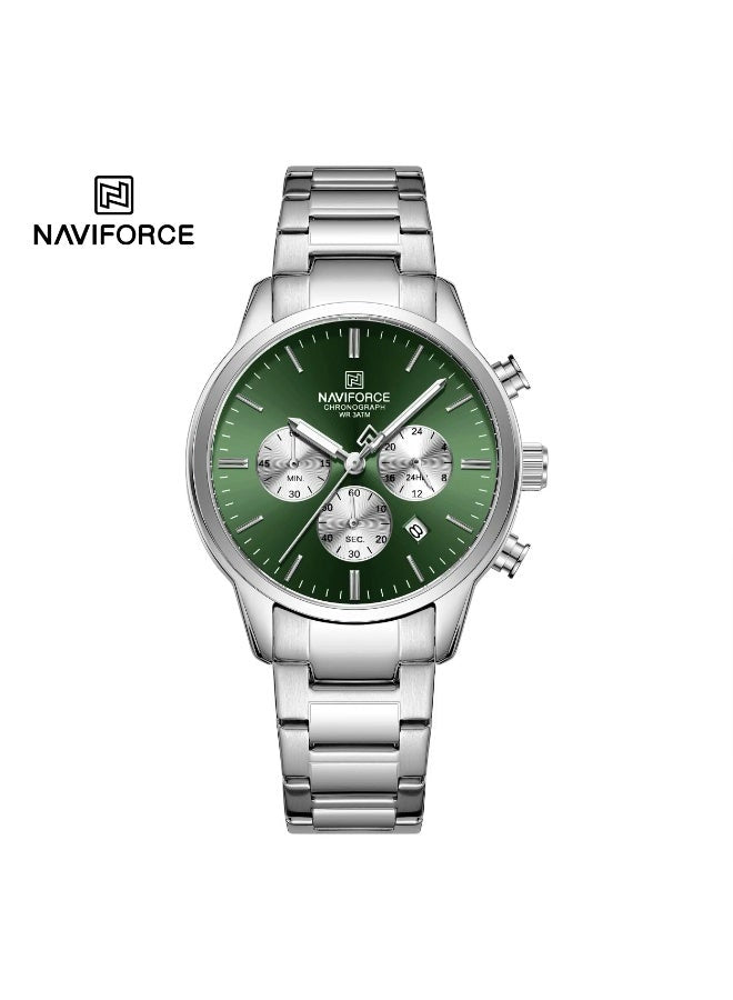Naviforce NF-8076 Men’s Chronograph Watch – Green Dial with Silver Stainless Steel Strap – 42mm, Date, 3ATM Waterproof