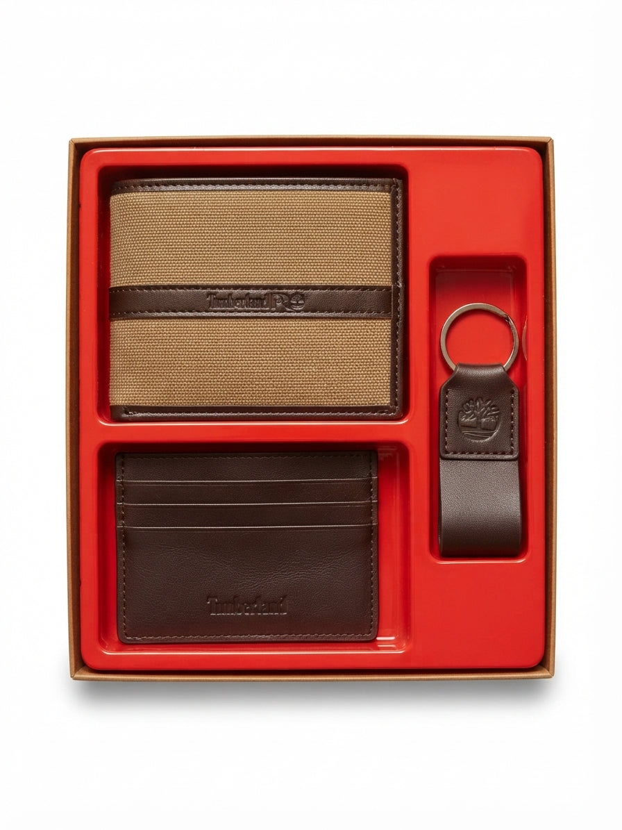 Timberland Men's Canvas & Leather Bi-fold Wallet, Card Holder, and Keyring Gift Set - Brown #0001