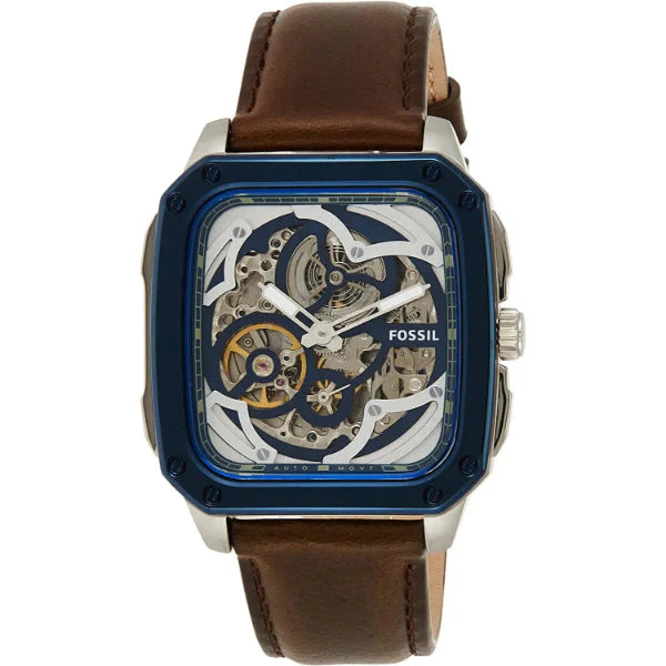 Fossil Inscription Automatic Skeleton Watch – Blue Dial with Brown Leather Strap (Model BQ2571)