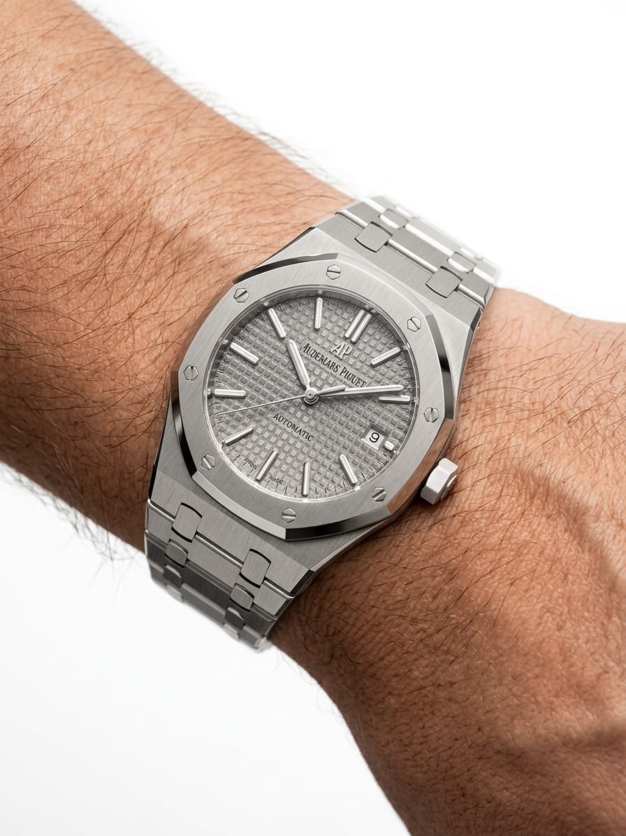 Audemars Piguet Royal Oak Selfwinding Men's Automatic Watch – 41mm Stainless Steel Case, Grey Tapisserie Dial, Integrated Metal Bracelet