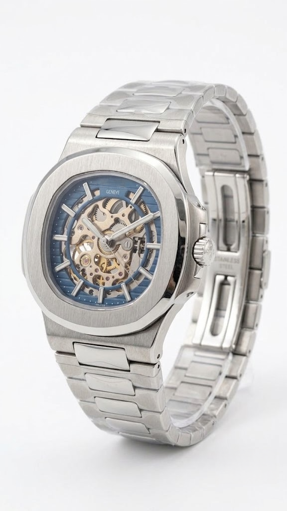 Nautilus-Inspired Luxury Skeleton Automatic Watch – Blue Dial, Integrated Stainless Steel Bracelet